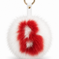 Personalized letter fur bag charm. Pale pink pompom with red letter, Real fur, round ring-clasp.