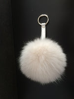 WHITE Fox FUR POMPOM Keychain, Fur pompom Keyring with genuine leather strap, Real fur, round ring-clasp.