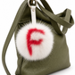 Personalized letter fur bag charm. Pale pink pompom with red letter, Real fur, round ring-clasp.