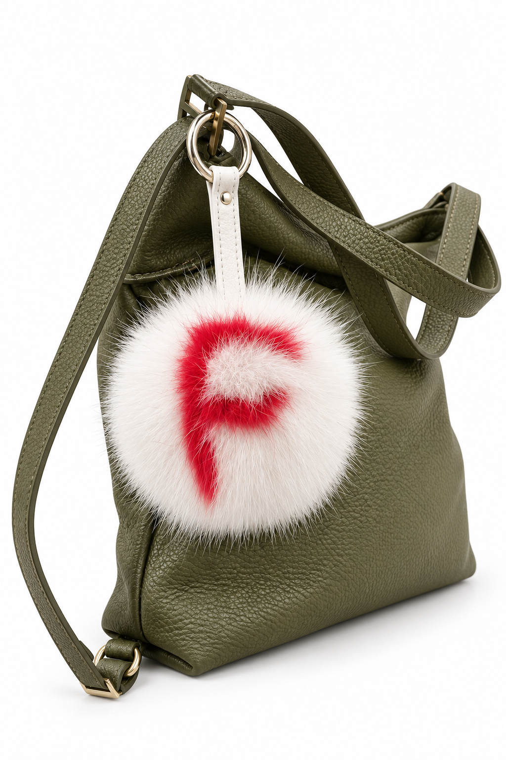 Personalized letter fur bag charm. Pale pink pompom with red letter, Real fur, round ring-clasp.