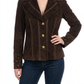 A woman wearing a dark brown suede jacket with gold-tone studs and buttons, paired with dark blue jeans, against a plain white background.