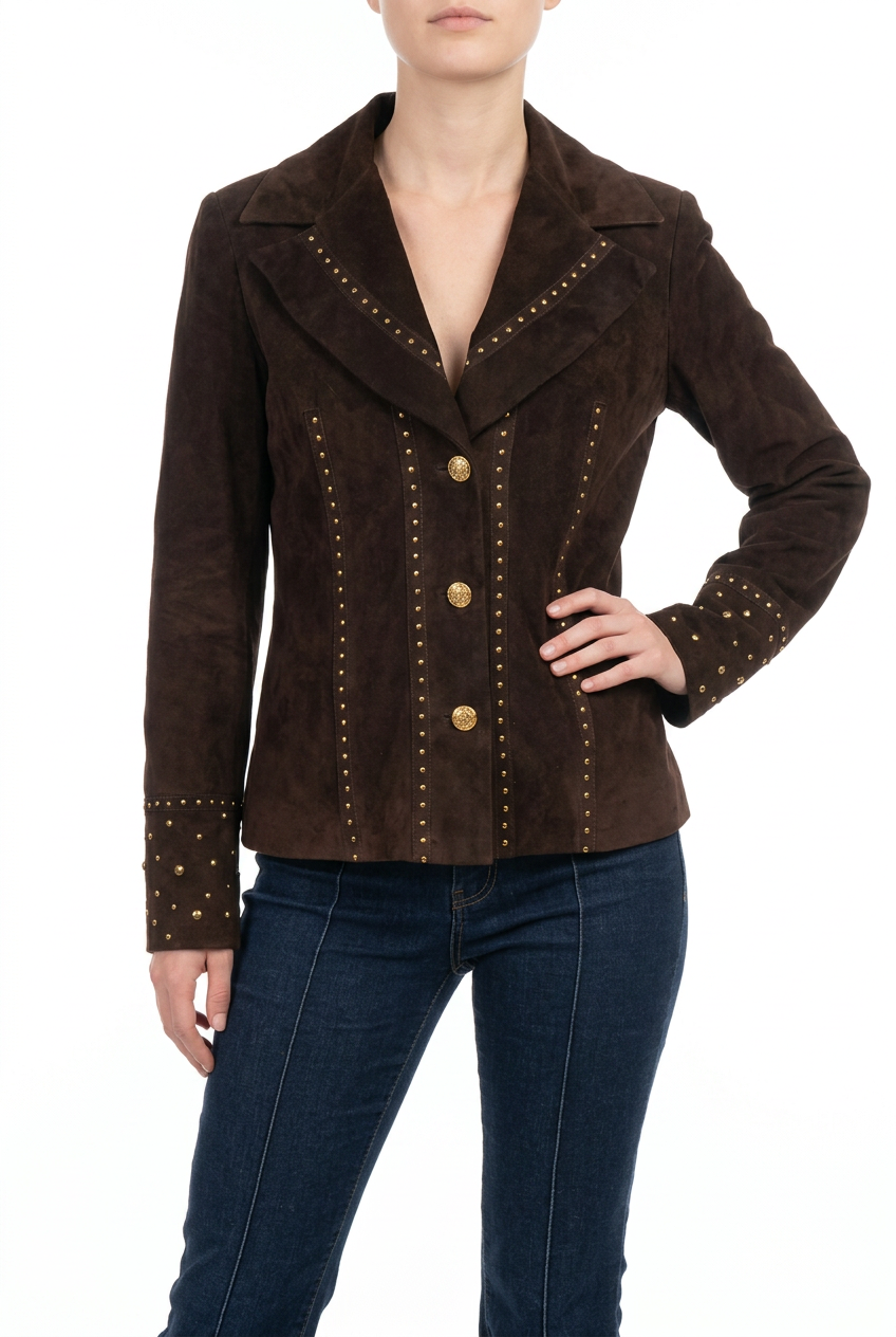 A woman wearing a dark brown suede jacket with gold-tone studs and buttons, paired with dark blue jeans, against a plain white background.