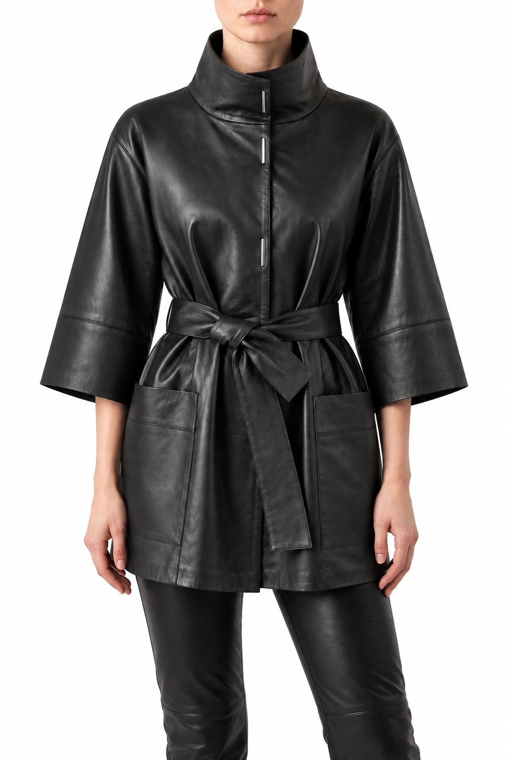 KIMBER- Women's Black long Jacket with Belt