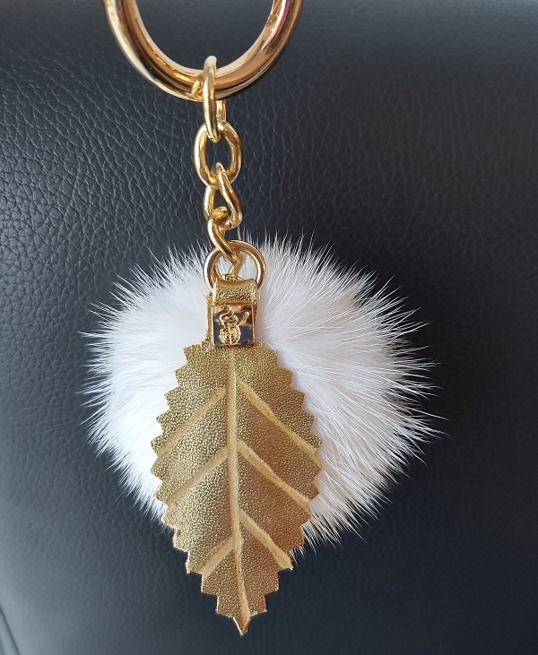 1 white MINK POMPOM  Bag Charm Keyring  with  chain and Real leather Leaf  .