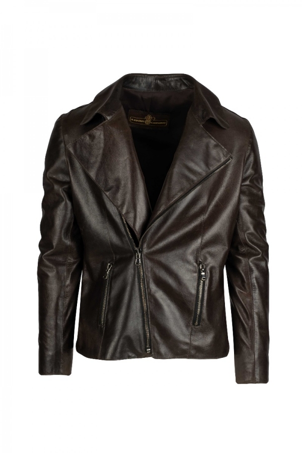 FIN- Brown Biker jacket made by soft waxed leather.