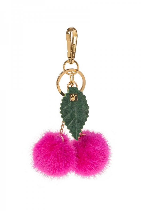 Fuchsia Mink Bag Charm Keychain pompom with chain and Real leather Leaf