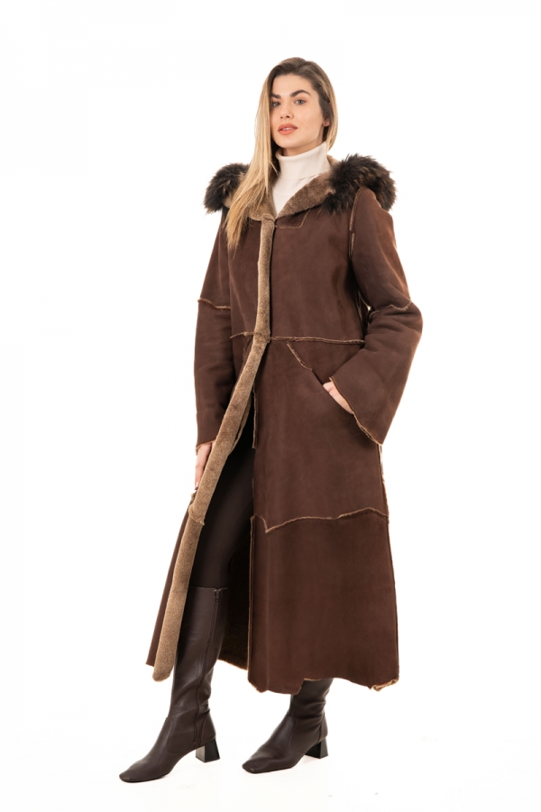 1458 -  Γυναικείο καφέ  μουτόν παλτό με κουκούλα
