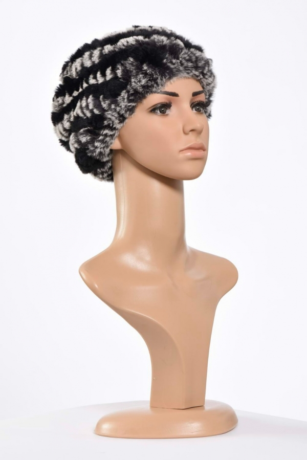 knit fur hat in black and white
