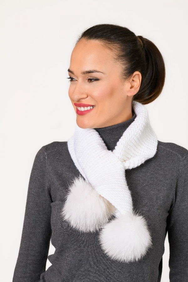 HAND KNIT white scarf with fur pompoms