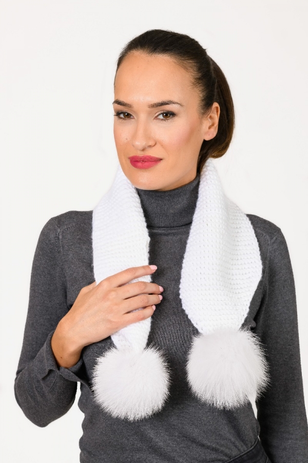 HAND KNIT white scarf with fur pompoms
