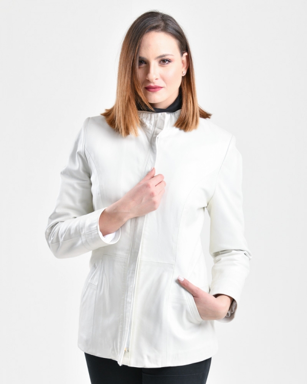 BAZAAR-Γυναικείο λευκό δερμάτινο Jacket 