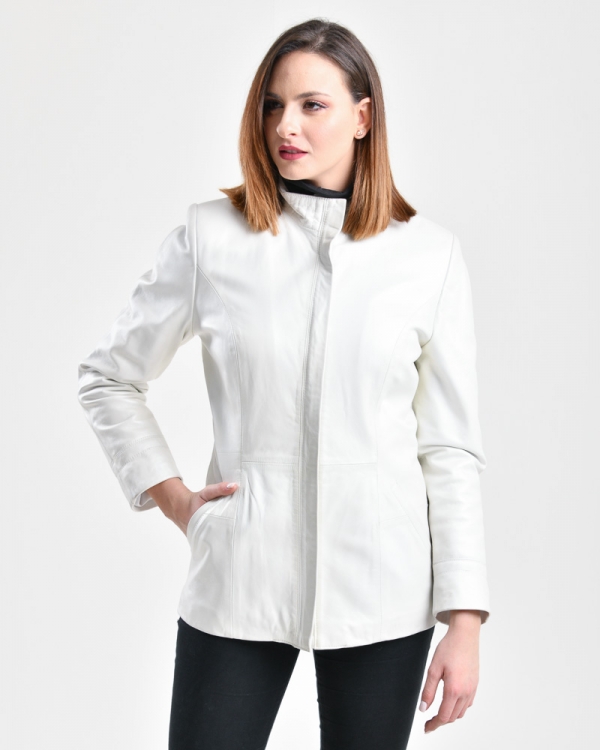 BAZAAR-Γυναικείο λευκό δερμάτινο Jacket 