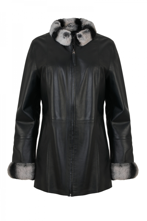 Women's Reversible leather long jacket with fur trimming