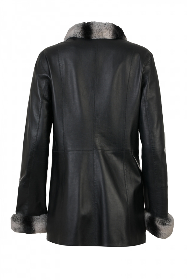 Women's Reversible leather long jacket with fur trimming